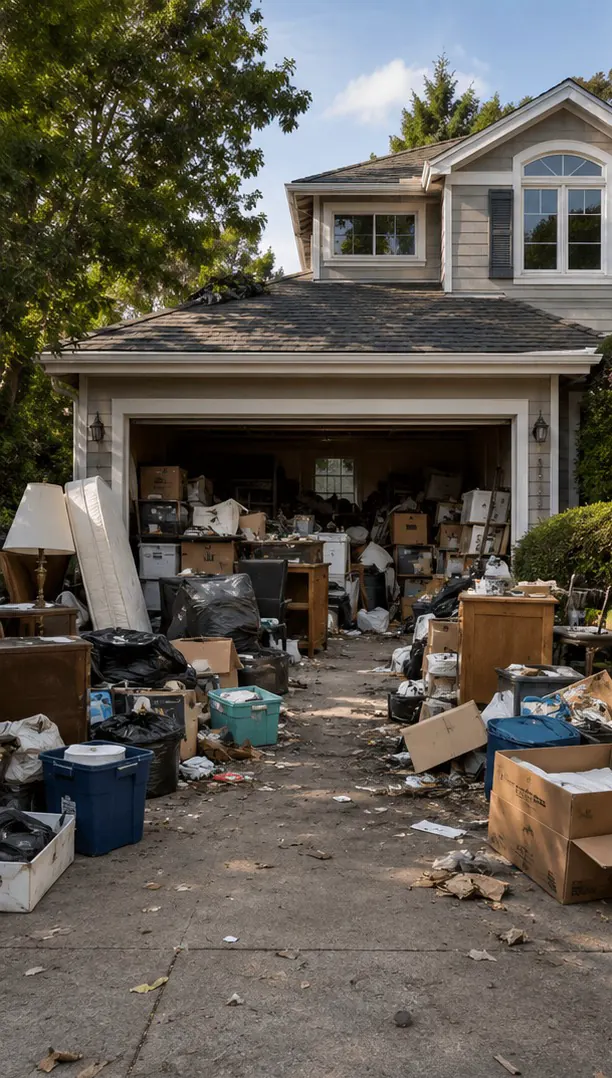 A two-car garage packed to the door with furniture, boxes and bags