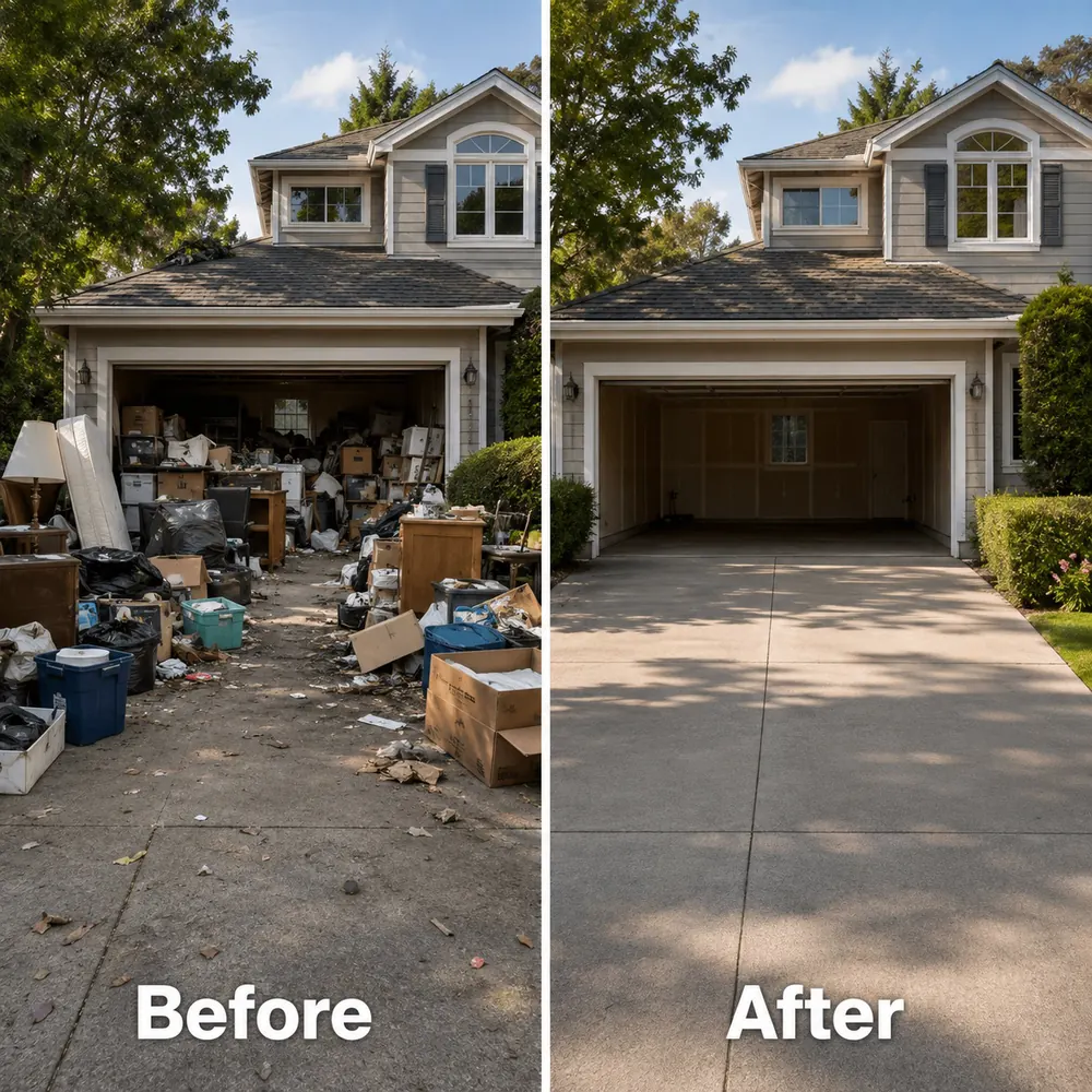 Before and after: A packed two-car garage and driveway, cleared.