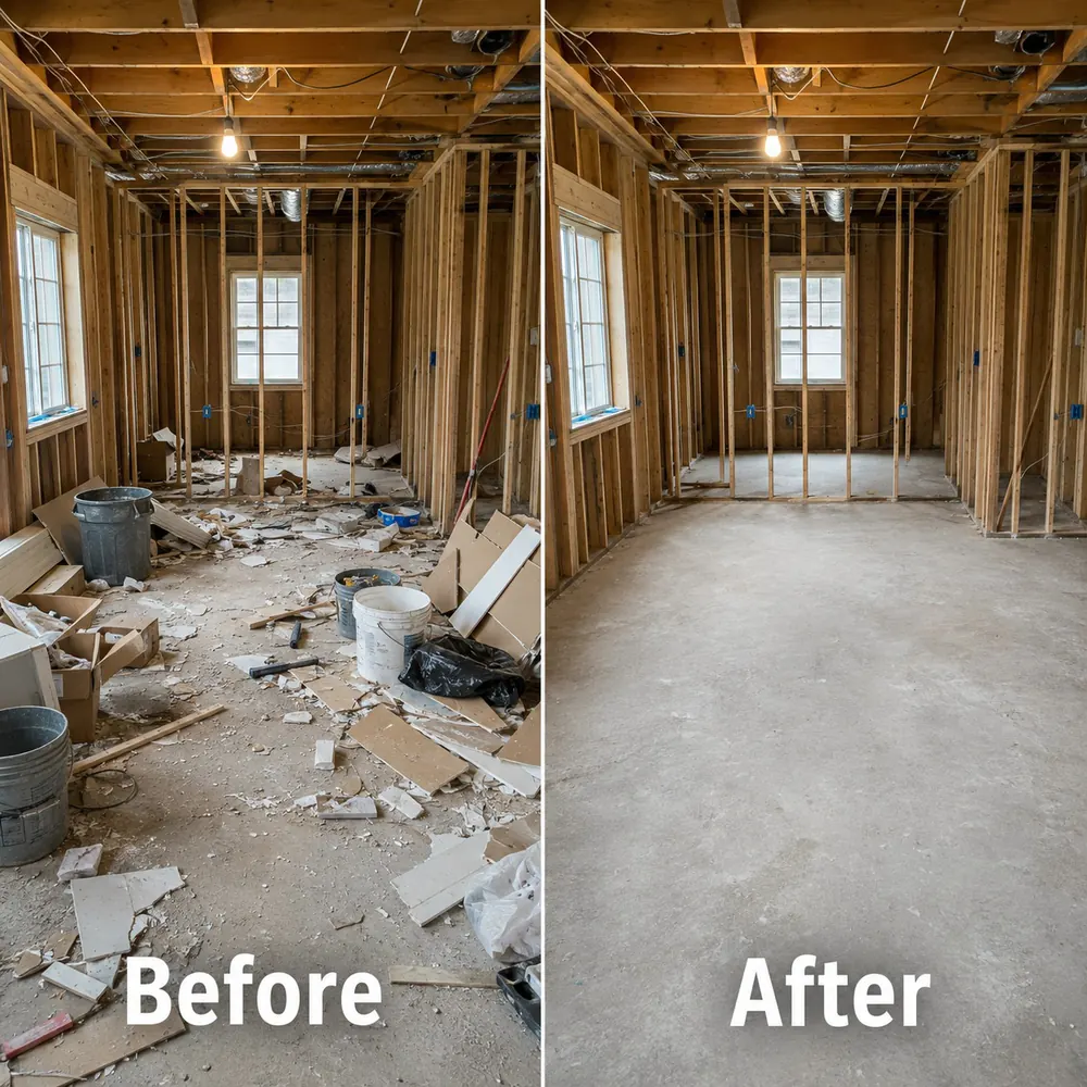 Before and after: Torn-out plaster and timber cleared from a gutted interior.