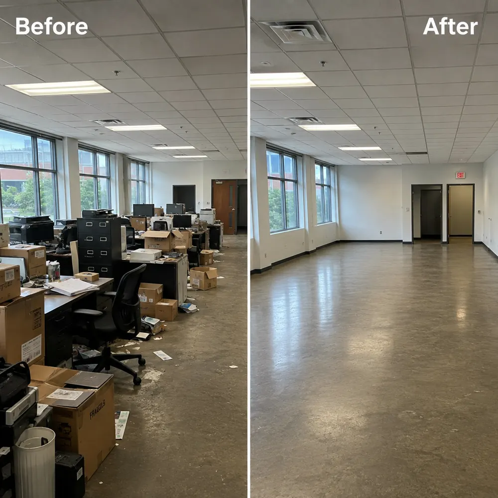 Before and after: Desks, chairs and boxes removed from a commercial suite.