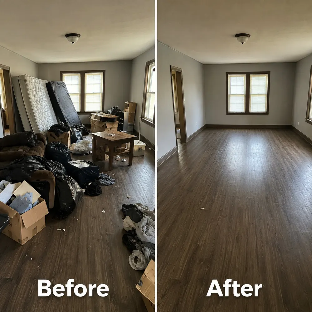 Before and after: Furniture and bagged waste taken out of a single room.