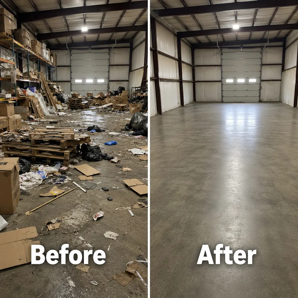 Before and after: A cluttered warehouse floor swept back to bare concrete.